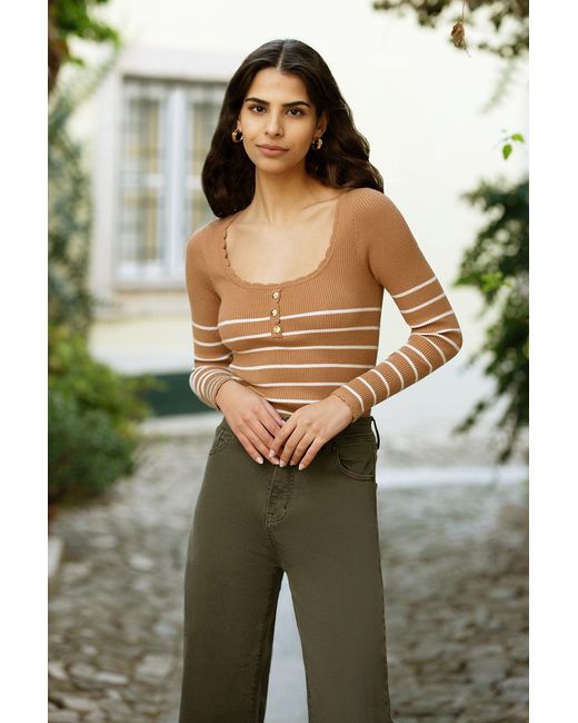 Yumi' Green Stripe Rib Knitted Long Sleeve Top With Button Details