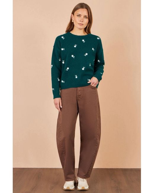 Yumi' Green Daisy Embroidered Relaxed Jumper