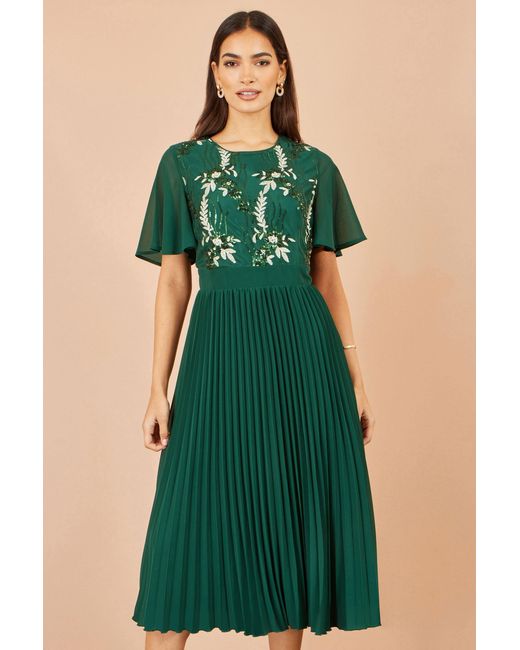 Yumi' Green Sequin Embroidered Pleated Midi Dress