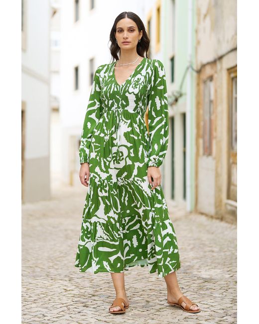 Yumi' Green Abstract Print Ruched Midi Dress With Long Sleeves
