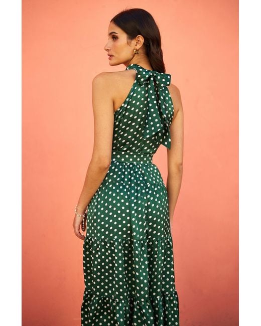 Yumi' Green Spot Print Halter Midi Dress With Matching Belt