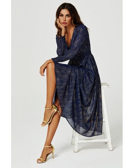 FS Collection Blue Stripe Foil Long Sleeve Maxi Dress