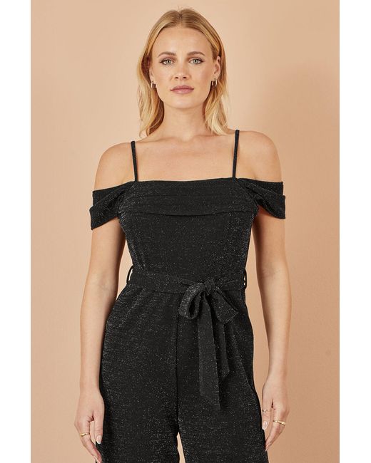 Yumi' Black Sparkle Stretch Bardot Jumpsuit