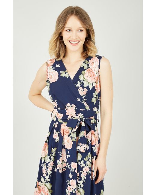 Mela Blue Rose Printed Wrap Over Sleeveless Skater Dress