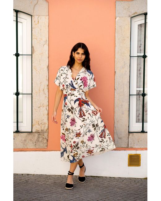 Yumi' Orange Ivory Bird And Floral Print Ruched Waist Kimono Midi Dress