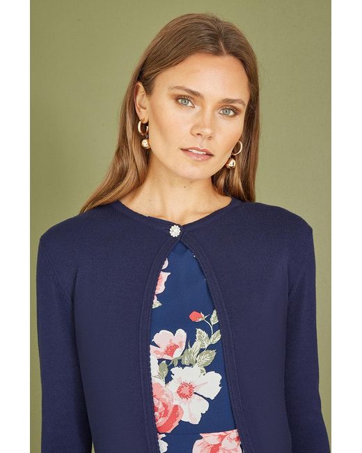 Yumi' Blue Diamante Button Cropped Cardigan