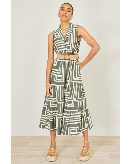 Yumi' White Viscose Geo Print Midi Shirt Dress With Matching Belt