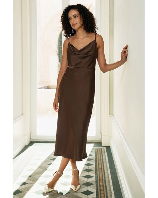 Yumi' Natural Satin Cowl Neck Midi Slip Dress