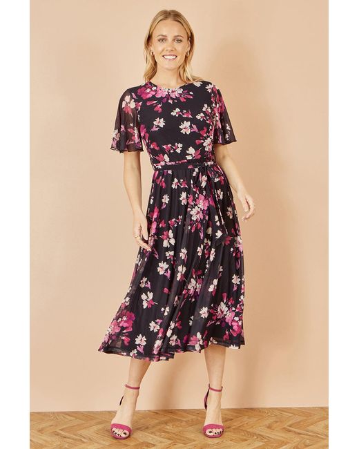 Yumi' Black Mesh Skater Floral Midi Dress