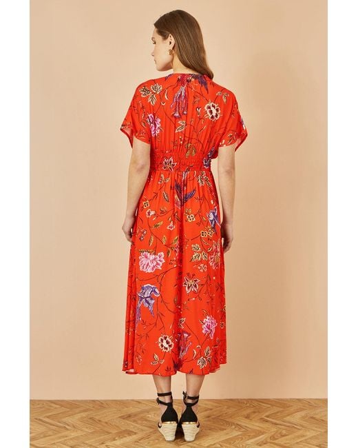 Yumi' Red Viscose Bird And Floral Print Kimono Midi Dress