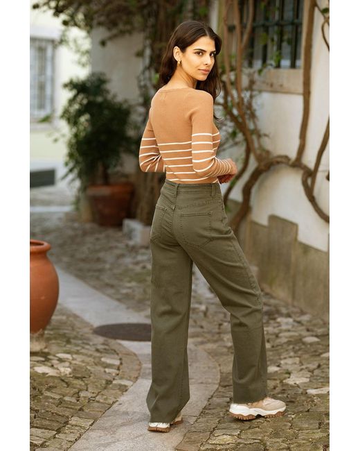 Yumi' Green Stripe Rib Knitted Long Sleeve Top With Button Details