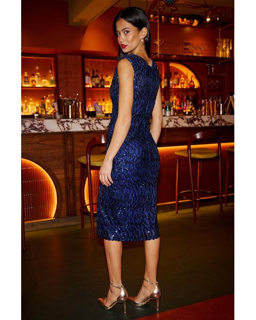 Yumi' Blue Sequin Fitted Wrap Dress With Split Hem