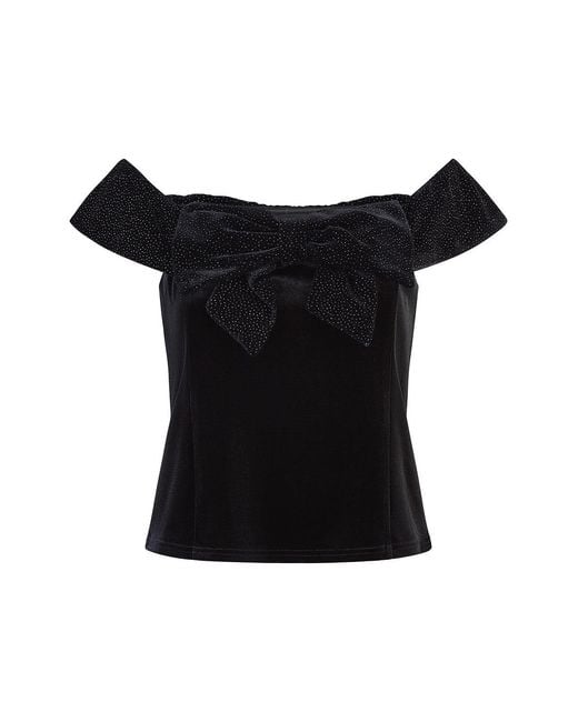 Mela Black Sparkle Velvet Bow Bardot Top