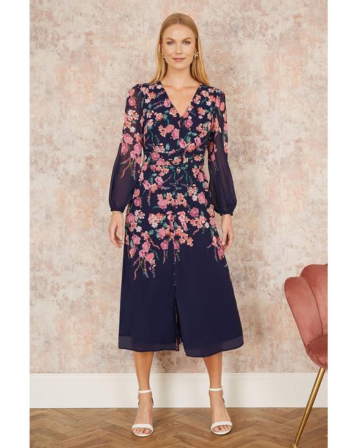 Yumi' Blue Button Up Midi Dress With Floral Placement And Long Sleeves