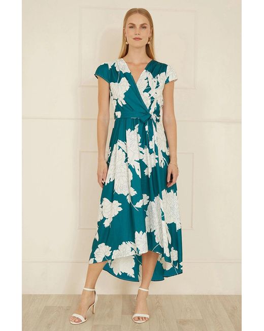 Yumi' Blue Blossom Print Wrap Midi With Dipped Hem