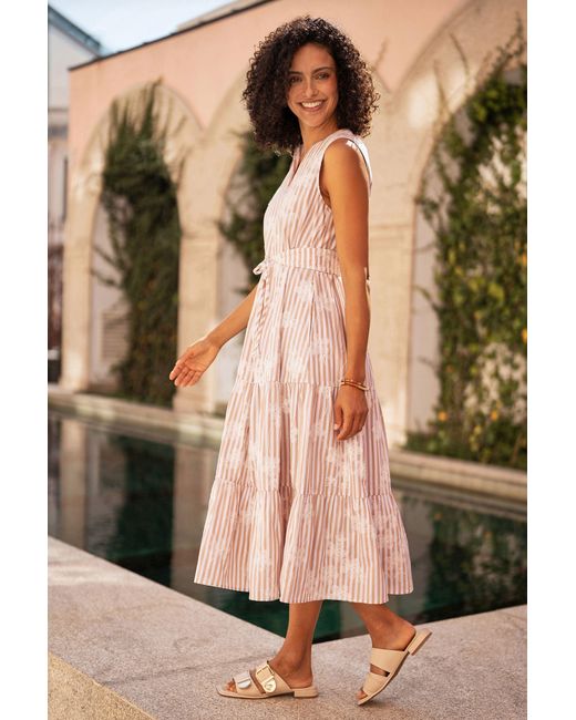 Yumi' Pink Stripe With Embroidered Flower Cotton Dress