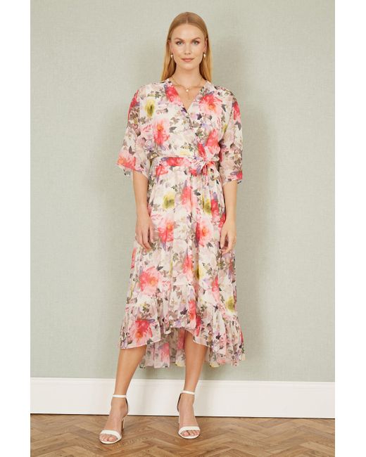 Yumi' Pink Vintage Floral Wrap Midi Dress With Frill