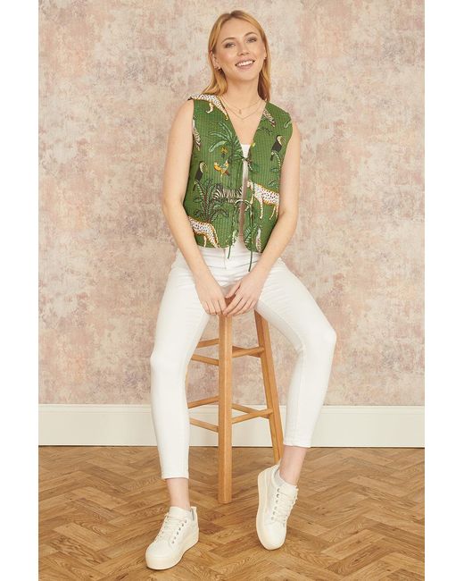Yumi' Green Animal Reversible Cotton Quilted Waistcoat