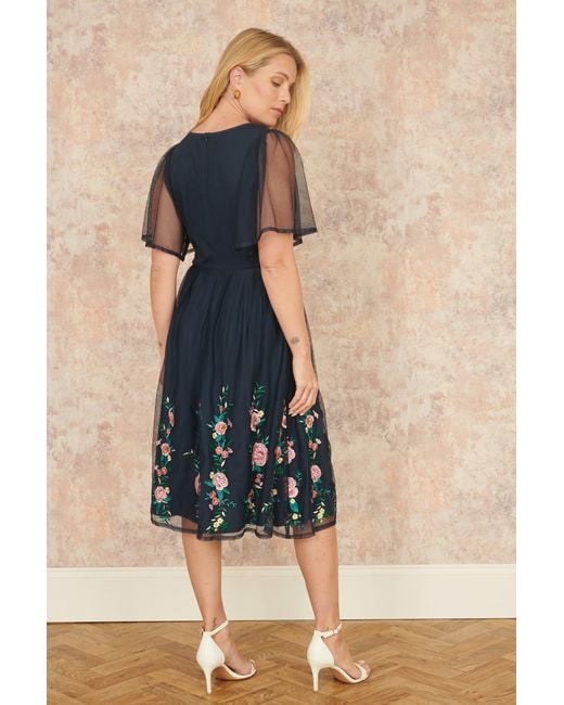 Yumi' Blue Embroidered Sleeve Prom Skater Dress