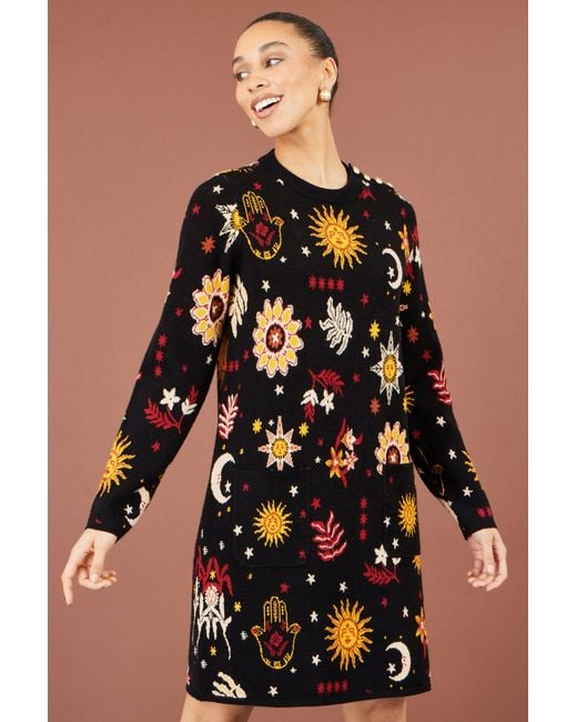 Yumi' Black Cosmic Intarsia Knitted Tunic Dress