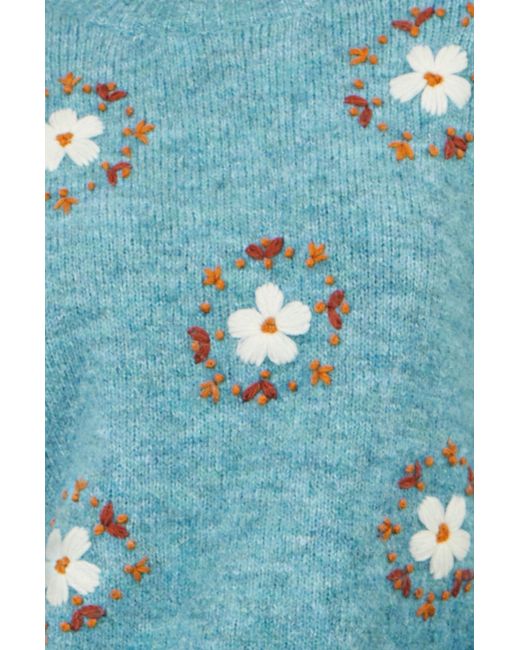 Yumi' Blue Patch Floral Embroidered Relaxed Jumper