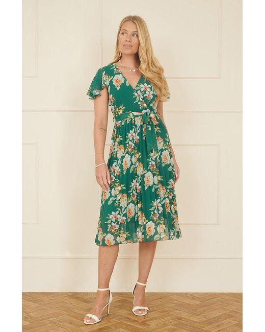 Yumi' Green Floral Pleated Wrap Dress