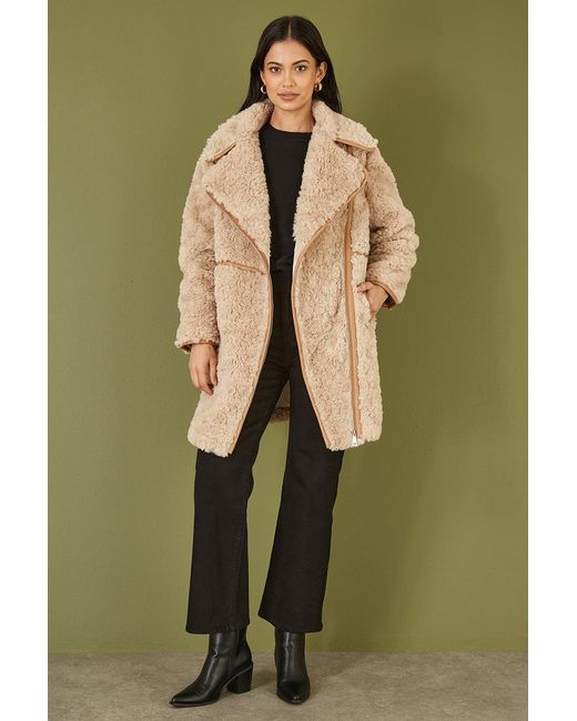 Yumi' Green Textured Borg Biker Coat