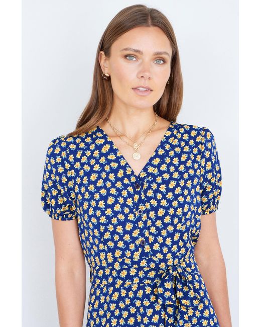 Yumi' Blue Floral Midi Shirt Dress