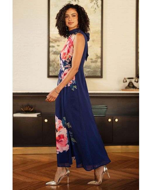 Yumi' Black Flower Halter Neck Maxi Dress