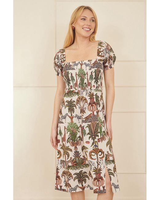 Yumi' Natural Cotton Safari Print Ruched Midi Dress