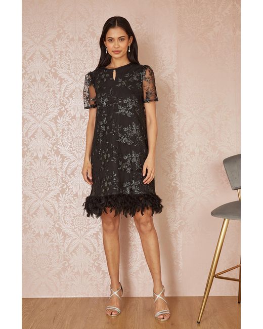 Yumi' Black Sequin Embroidered Tunic Dress With Feather Trim