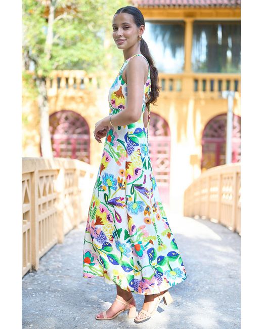 Yumi' Blue Multicolour Abstract Flower Maxi Dress With Tie Back