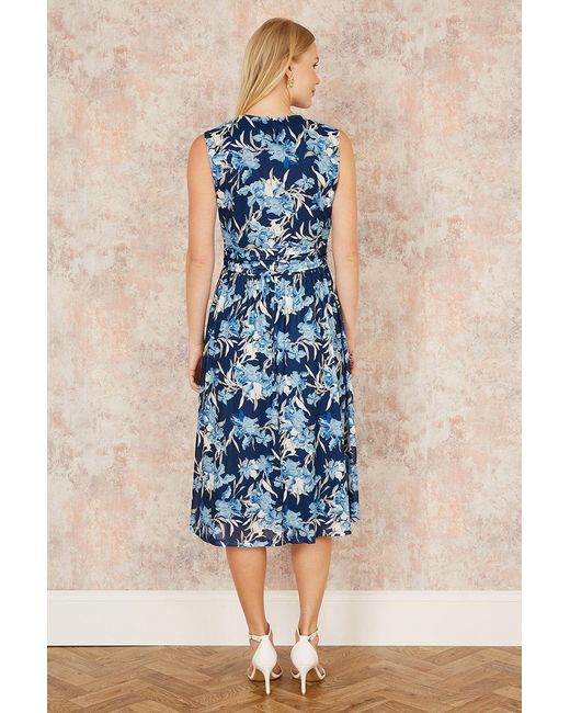 Yumi' Blue Floral Mesh Wrap Skater Dress With Pockets