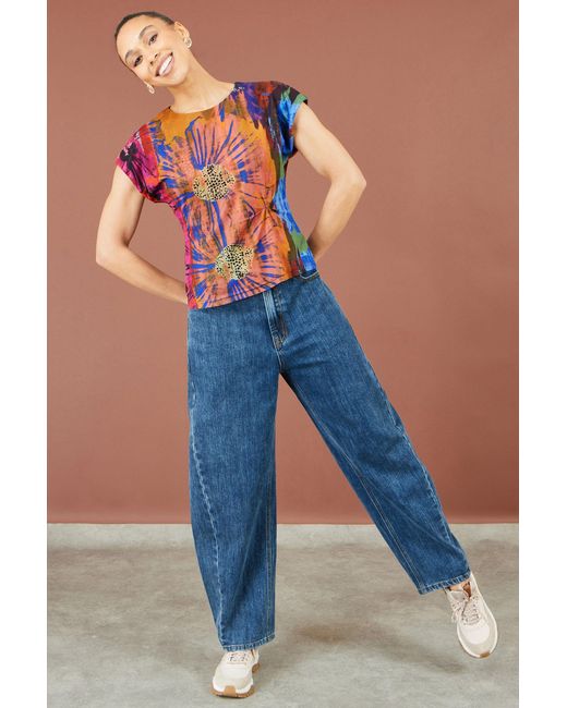 Yumi' Red Multicolour Floral Mesh Top