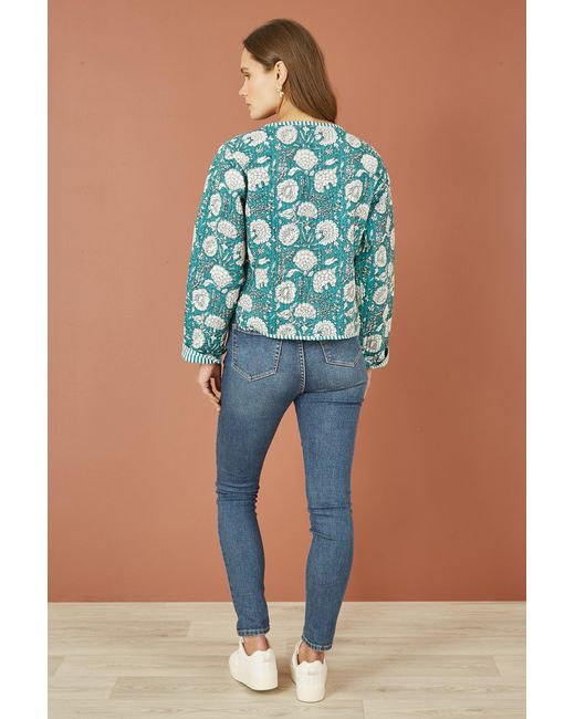 Yumi' Blue Patchwork Print Reversible Cotton Quilted Jacket