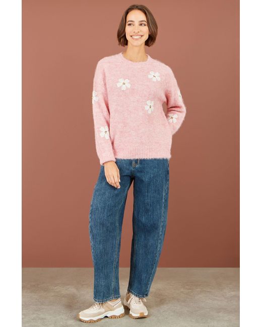 Yumi' Pink Relaxed Jumper With Crochet Flowers