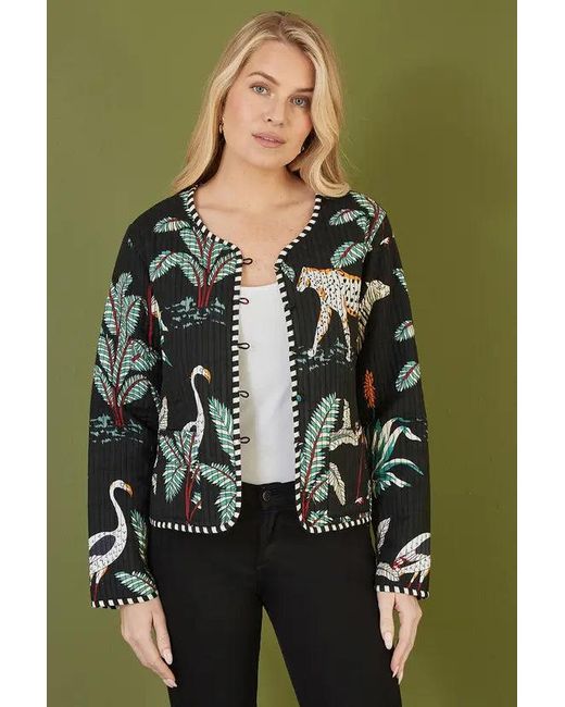 Yumi' Green Animal Print Reversible Cotton Cropped Quilted Jacket