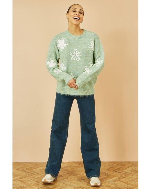 Yumi' Green Relaxed Knitted Jumper With Crochet Flowers