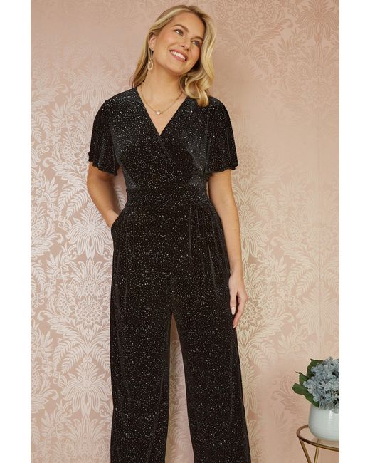 Yumi' Black Sparkle Velvet Wide Leg Jumpsuit