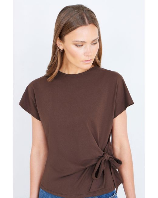 Yumi' Brown Cotton Jersey Top With Knot Detail