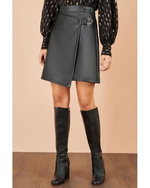 Yumi' Black Faux Leather Wrap Skirt