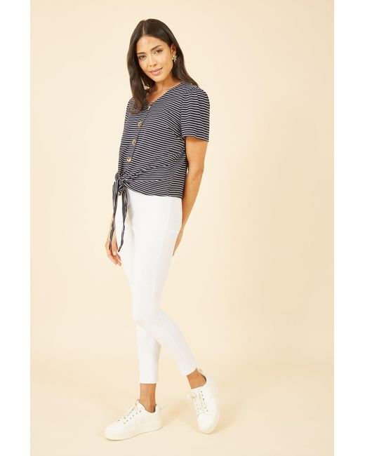Yumi' Blue Striped Jersey Button Detail Top