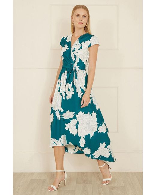 Yumi' Blue Blossom Print Wrap Midi With Dipped Hem