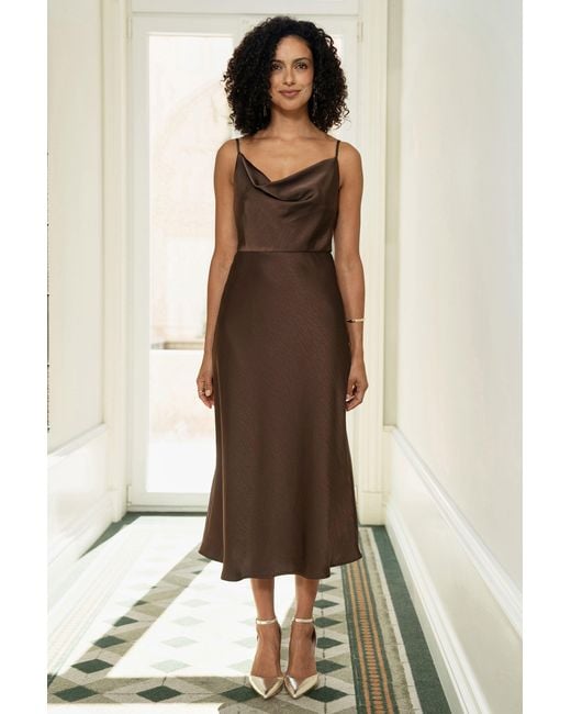 Yumi' Natural Satin Cowl Neck Midi Slip Dress