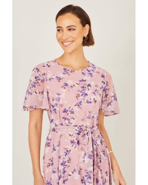 Yumi' Pink Blossom Skater Midi Dress With Angel Sleeves