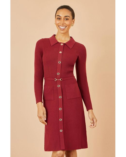 Yumi' Red Rib Knit Midi Shirt Dress With Snaffle Belt