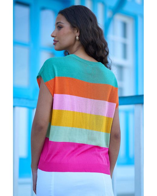 Yumi' Blue Multicolour Block Stripe Relaxed Knitted Top