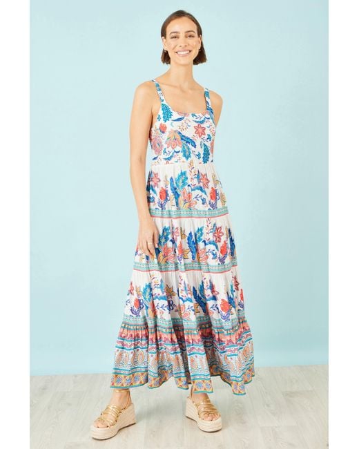 Yumi' White Boho Block Print Tiered Maxi Dress