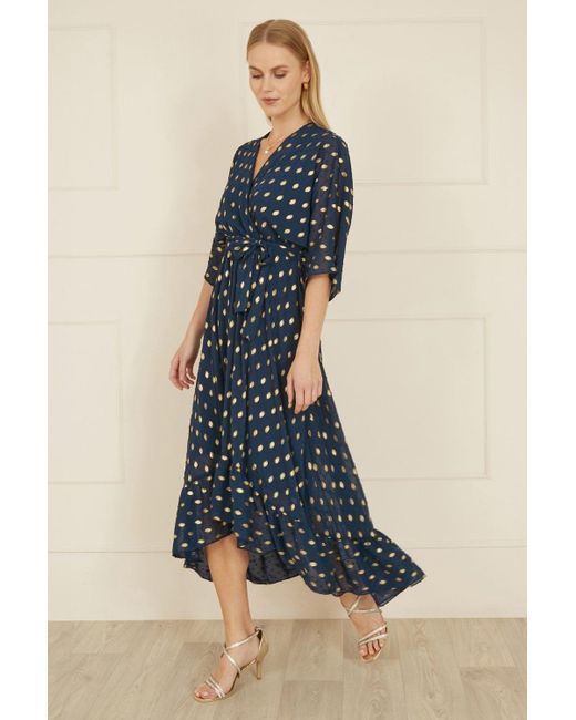 Yumi' Blue Foil Print Wrap Dip Hem Dress