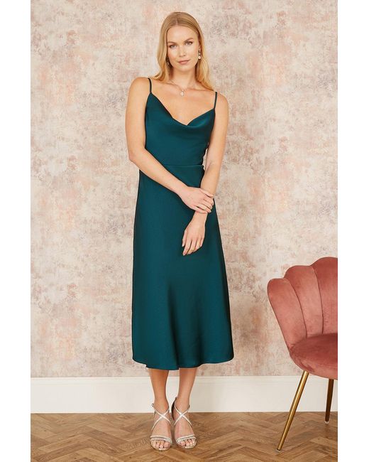 Yumi' Blue Satin Cowl Neck Midi Slip Dress